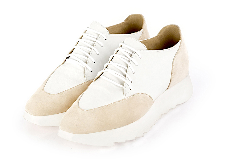 Champagne beige and off white women's casual lace-up shoes. Square toe. Low rubber soles. Front view - Florence KOOIJMAN